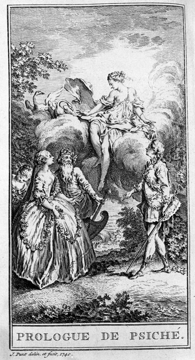 ジャン・バティスト・ポケリン・ディ・モリエール（1622-1673）の作品「プシュケのプロローグ」の一場面を表現したもの。1740年のエングレーヴィング。 作： French School