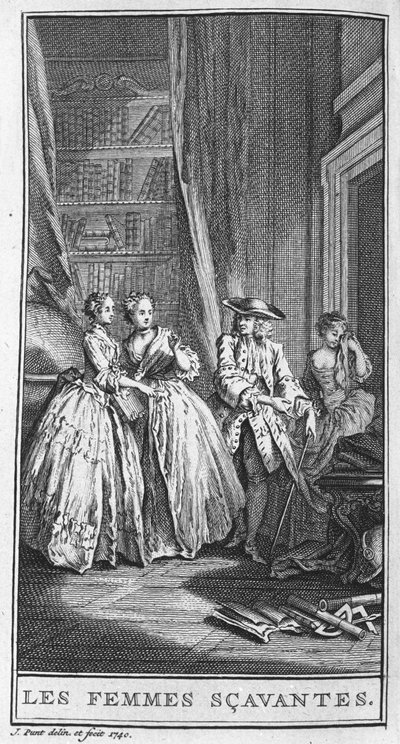 Jean Baptiste Poquelin dit Moliere (1622-1673)の戯曲「Les femmes savantes」(1672)の一場面を描いたもの。1740年のエングレーヴィング。 作： French School