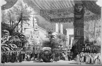 オペラの表現：ジュゼッペ・ヴェルディ(1813-1901)の「アイーダ」。テーベの門前のスフィンクス通り（第2画、第2幕）。ラヴァストル・ヤングの装飾（ジャン・バティスト・ラヴァストル 作： French School