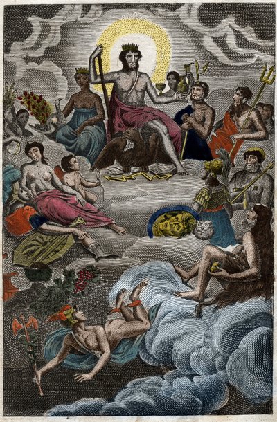 ピエール・ブランシャール1803年の「青年期の神話」から、オリンポス山上の神々の集会や12人のオリンポスの神々を表現したもの。 作： French School