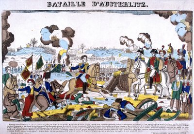 1805年12月2日に行われたアウステルリッツの戦い（三帝の戦い）を表現したもの。エピナルの絵 作： French School