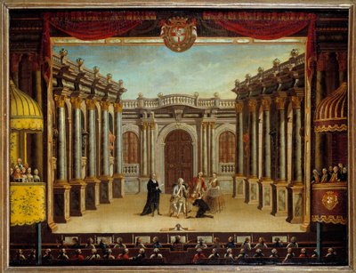 ジャン・バティスト・ポケリン・ディット・モリエール（1622-1673）の「架空のマラド」をスペインのミノルカ劇場で表現したもの、シーンの様子。匿名の絵画 作： French School