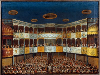 ジャン・バティスト・ポケリン・ディ・モリエール（1622-1673）の「架空のマラド」をスペインのミノルカ劇場で表現したもので、ホールと観客の様子を描いています。18世紀の絵画。パリ、装飾美術 作： French School