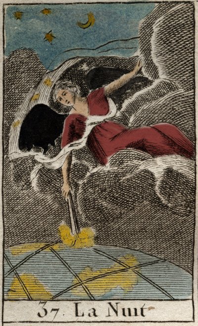 闇の女神「夜（ニュクス）」の表現。ニュクス（夜）、暗闇の女神）。ピエール・ブランシャール1803年の「青年の神話」より。 作： French School