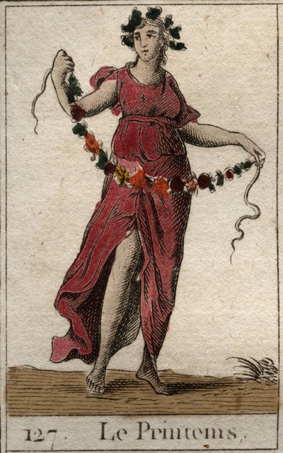 Flora holding a garland of flowersのラインで春の季節を表現。(花輪を持ったフローラで春を表現）。)ピエール・ブランシャール1803年の「青春の神話」より。 作： French School