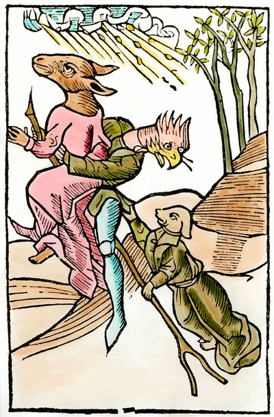 ウルリッヒ・モリトールがヨハン・プリュス（1488年〜1493年頃活躍）の編集により作成した悪魔学貿易「De lamiis et phitonicis mulieribus」（Des witches et des devineresses）から引用した悪魔と子守唄の表現。1499.パリ装飾美術 作： French School