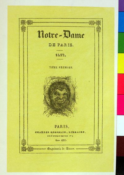 1831年に発行されたビクターユーゴー（1802-85）によるノートルダムドパリの初版の表紙の複製 作： French School
