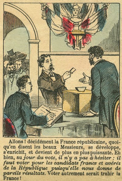 共和制フランスはフランス人の投票に値する。1889年3月30日、パリの『ル・フィガロ』誌に掲載された版画。コル。セルバ。 作： French School