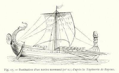 ノルマン船の復元（11世紀）、バイユータペストリーに基づく（彫刻 作： French School