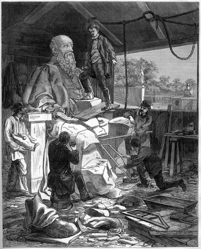1878年にパリで開催される万国博覧会に向けて、Corps-Legislatifs（国民議会またはブルボン宮）の彫像を修復した。ミッシェル・ド・ロピタル（1504年頃～1573年頃）の彫像を手入れする修復師たち。Le Mond』誌に掲載された版画 作： French School