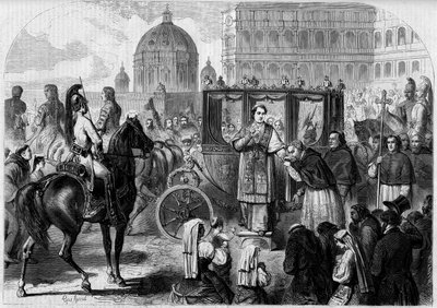 教皇ピウス9世（1792-1878）のローマへの帰還。1858年6月26日付「The Illustrous World」65号に掲載された版画。 作： French School