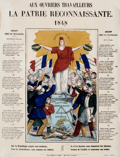 1848年の革命と第二共和制の誕生：マニフェストと「労働者へ、感謝すべき祖国へ」と題した歌で、レピュブリックが労働者に迎えられる。1848年 パリ、カルナヴァレ美術館 作： French School