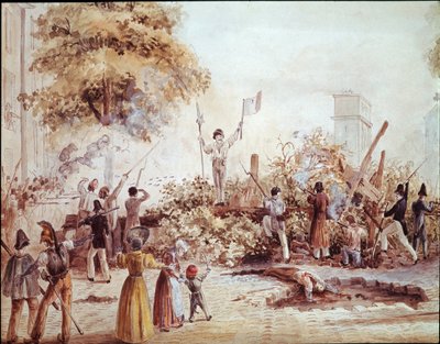 パリの7月革命-8月1日のサン・マルタン大通りのバリケード（水彩画、1830年頃 作： French School