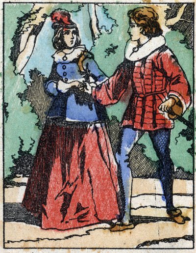 リケは再び王女の前に姿を現す。フランスの作家、シャルル・ペロー（1628-1703）の物語「リケ・ア・ラ・ホッペ」の挿絵。イメージング・ペランの木版画（エピナル、19世紀後半）。19世紀後半。 作： French School