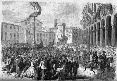 リソルジメント - ベネチアのイタリアへの併合 - 1866年：イタリア王ヴィットリオ・エマヌエーレ2世（ヴィクトル・エマヌエル2世）（ヴィクトル・エマヌエル）（1820年～1878年）のロヴィーゴ入国。1866年8月18日付「Le Monde Illustré」488号に掲載されたエングレーヴィング。 作： French School