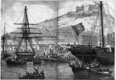 リソルジメント、ナポリ、1860年10月21日：イタリア王国への都市の併合に関する海軍の投票。1860年11月3日付の "Le Monde Illustré "186号に掲載された図版。 作： French School