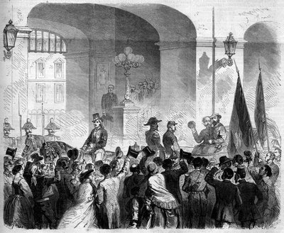リソルジメント、ナポリ、1860年11月7日：ナポリをイタリア王国に併合することを認める住民投票の後、イタリア王ヴィクトル・エマニュエル2世（ヴィクトル・エマニュエル）（ヴィットリオ・エマニュエル）（1820-1878）がナポリ王宮に入場する。 作： French School