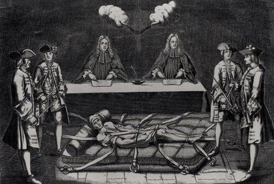 1757年3月2日、パリのシャトレで裁判官の前でロバート・フランソワ・ダミアン（1715〜57） 作： French School