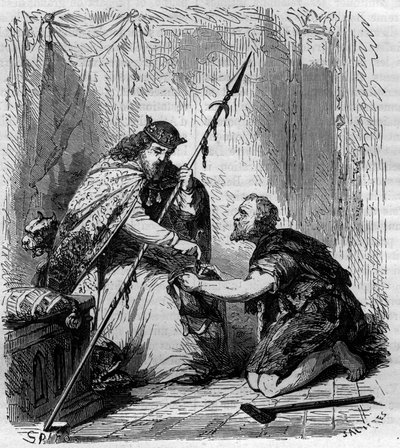 アルモネを配るフランス王ロベール2世（972～1031年）。モーリス・ラシャトレ著「Histoire des Papes-Rois-Queen and Empereurs a travers les centuries」に掲載されている図版。 作： French School