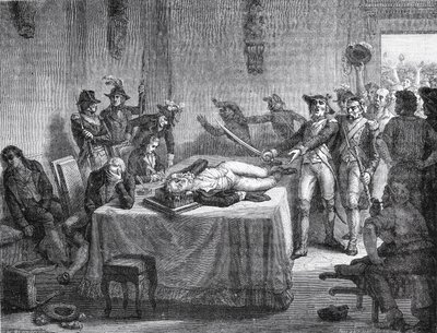 ロベスピエールは、1794年にジョーで自分自身を撃った実行を待っています 作： French School