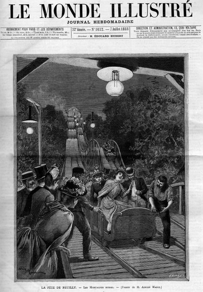 ジェットコースター、1888年7月、ヌイリー・シュル・セーヌの祝宴にて。新聞 "The Illustrous World "の表紙。 作： French School