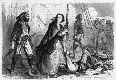 ローマの連載。"アレクサンドル・デュマ(1802-1870)の「ジョセフ・ガリバルディの追悼」。ジュゼッペ・ガリバルディの妻、アニタ・ガリバルディ（1821-1849）がライフル銃を手に戦闘に参加している様子。"Les bons romances "に掲載されたエングレーヴィング 作： French School