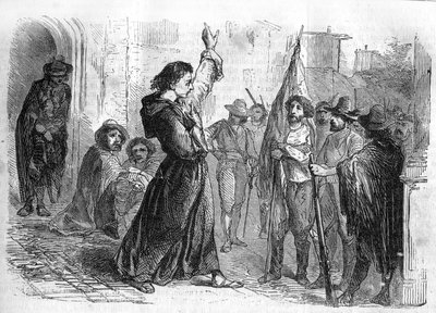 ローマの連載。アレクサンドル・デュマ（1802-1870）の「ジョゼフ・ガリバルディの追悼」。1848年、リソルジメントへの参加を住民に呼びかけるために群衆を煽るウーゴ・バッシ（1800-1849）。"Les bons romances "のエングレーヴィング 作： French School