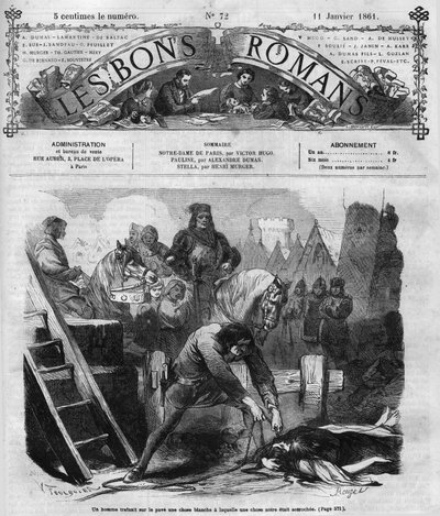 ローマの連載。ヴィクトル・ユーゴー（1802-1885）の「ノートルダム・ド・パリ」。男性が2人の女性を舗道で水切りしている。"Les bons romances "に掲載されたエングレーヴィング 作： French School