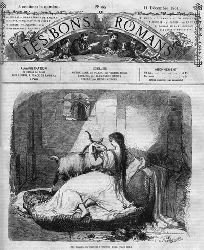 ローマの連載。"ヴィクトル・ユーゴー(1802-1885)の「ノートルダム・ド・パリ」。エスメラルダとヤギ。"Les bons romances "に掲載されたエングレーヴィング 作： French School