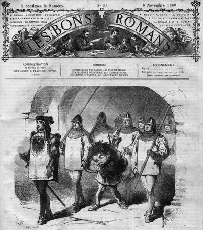 ローマの連載。ヴィクトル・ユーゴー（1802-1885）の「ノートルダム・ド・パリ」。クアシモドの逮捕。"Les bons romances "に掲載されたエングレーヴィング 作： French School