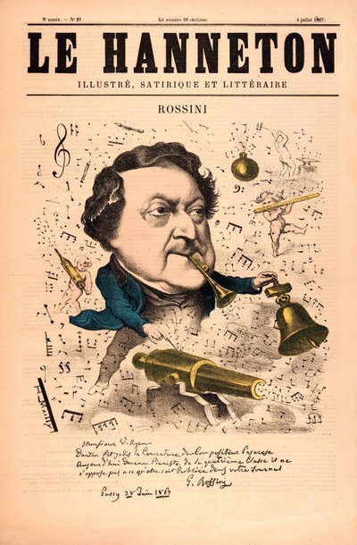 ロッシーニ、1857年7月4日発行の「Le Hanneton」より（カラーリトグラフ 作： French School
