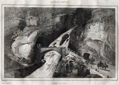 Route du Simplon - M. de Norvins, Ch. Nodier 1834-1836による "Picturesque Italy "からのエングレーヴィング。 作： French School