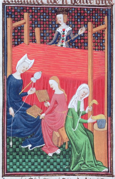 Roy 16 G V f.56 Gaia Caecilia または Tanaquil、織機と女性の紡績、「De Claris Mulierbus」 (ベラム) より 作： French School