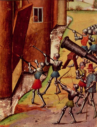 ロイ 17 f.1 ハンドキャノンで武装した城を包囲する兵士、『Quinte Curse Ruffe des Fais du Grant Alexandre』、1468 年頃（ベラム） 作： French School