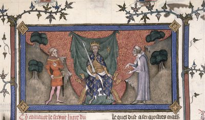 Roy 19 C IV f.154 フランスのシャルル 5 世 (1337-80) 王冠、剣、王笏を騎士と書記官の間に戴冠 作： French School
