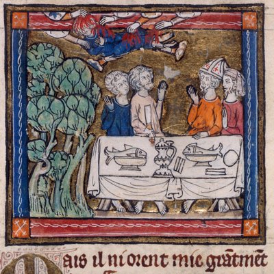 Royal 14 E. III、f.76v Seven Hands Cast Fire on Moys、「The Story of the Holy Grail」のイラスト (ベラム) 作： French School