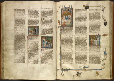 Royal 14 E. III, ff.88v-89 ランスロットは、斬首された祖父である王の頭を沸騰した井戸から取り出しました。 2人の騎士の上で崩壊する建物。 右、祝宴に着席するアーサーとギネヴィアのミニチュア、「Estoire del Saint Graal」より 作： French School