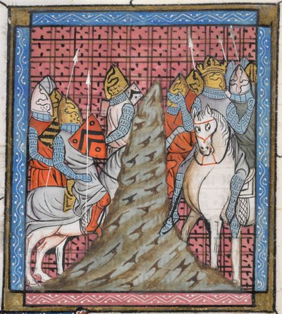 Royal 16 G. VI、f.317v 山を越えている間の十字軍の師団のミニチュアの詳細、「Chroniques」のイラスト 作： French School