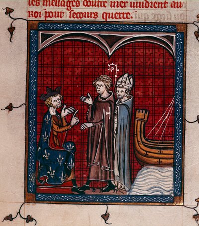 Royal 16 G. VI、f.337 King Philip II and Patriarch、「Chroniques de France ou de Saint Denis」のイラスト（ベラム） 作： French School