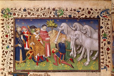 ロイヤル 20 B. XX、fol.82v、アレクサンダーに白い象を贈る、「La Vraye Histoire du Bon Roy Alixandre」より (ベラム) 作： French School