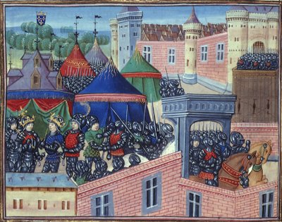 ロイヤル 20 C.IX fol.137v フランスとシチリアの王とメッツの前の軍隊、ジャン シャルティエ作「Le cronicque du temps de roy Charles VII de France」より (fl.1558-74) 15 世紀後半 (ベラム) 作： French School