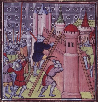 Royal 20 C.VII fol.19 14 世紀後半の「Chroniques de France ou de St. Denis」より、フランス人がジェノバを破壊 (ベラム) 作： French School