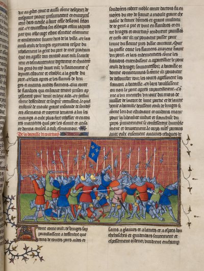 Royal 20 C. VII、f.34 クルトレーの戦い、「Chroniques de France ou de Saint Denis」のイラスト（ベラム） 作： French School