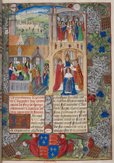 ロイヤル 20 E. V、f.8 シャルル 7 世の戴冠式、「Chroniques de France ou de Saint Denis」1487 のシーン (ベラム) 作： French School