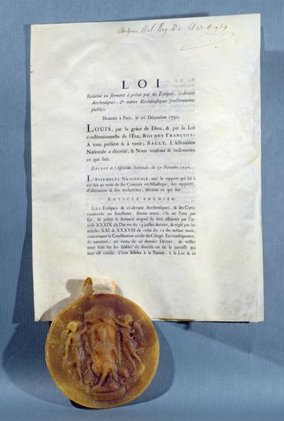 1790年12月16日、聖職者の民事憲法に対する忠誠の誓いを誓うフランスの司教と司祭の義務を確認するルイ16世の王立布告（印刷された紙とワックスのシール） 作： French School