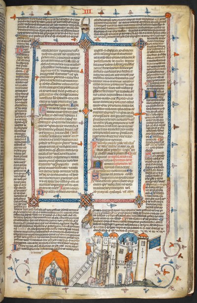 Royal MS 10 iv f.202r 要塞化された城と周辺装飾の攻撃、「The Smithfield Decretals」のイラスト (ベラム) 作： French School