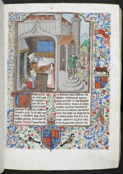 Royal MS 15 D I f.18r 病人の世話をする女性、「Guyart des Moulins, La Bible historiale」、c.1470-79（インク、カラー、ベラムの金） 作： French School