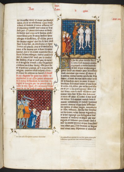 ロイヤル MS 16 G. VI、f.306r、シャルルの殺人、絞首刑にされたフランドル伯 (ルイ 6 世、第 20 巻)、『フランス大年代記』より 作： French School