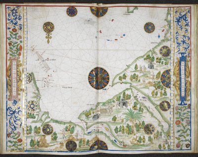 ロイヤル MS 20 E IX f.11v から f.12r コモリン岬からデルガド岬までのアジアとアフリカの海岸線図、ペルシャ湾と紅海を含む、「イドログラフィーのボケ」（「ロッツ アトラス」） Jean Rotz著、c.1535-42（ベラムにインク、カラー、ゴールド） 作： French School