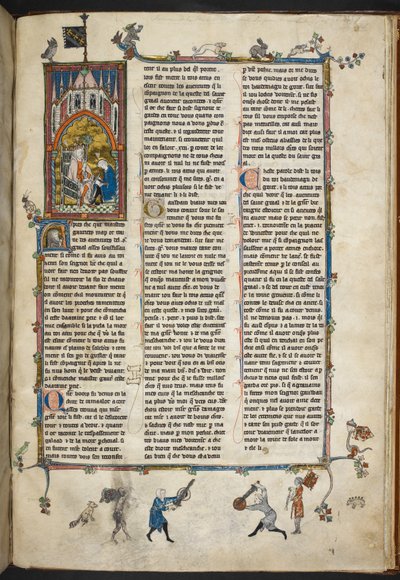 ロイヤル Ms 14 e III f.140r イングランドのヘンリー 2 世と筆記者、「聖杯の物語、聖杯の探求、モルテ アーサー」のイラスト、1315-25 年頃（ベラム） 作： French School